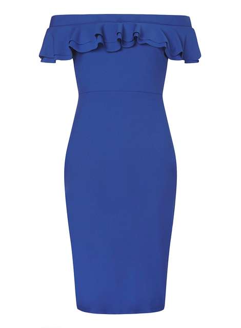 Blue Ruffle Front Bardot Pencil Dress